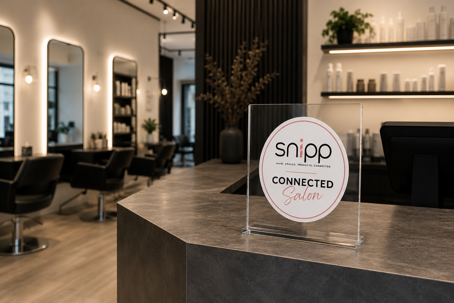 A Snipp Connected Salon reception desk with a branded display